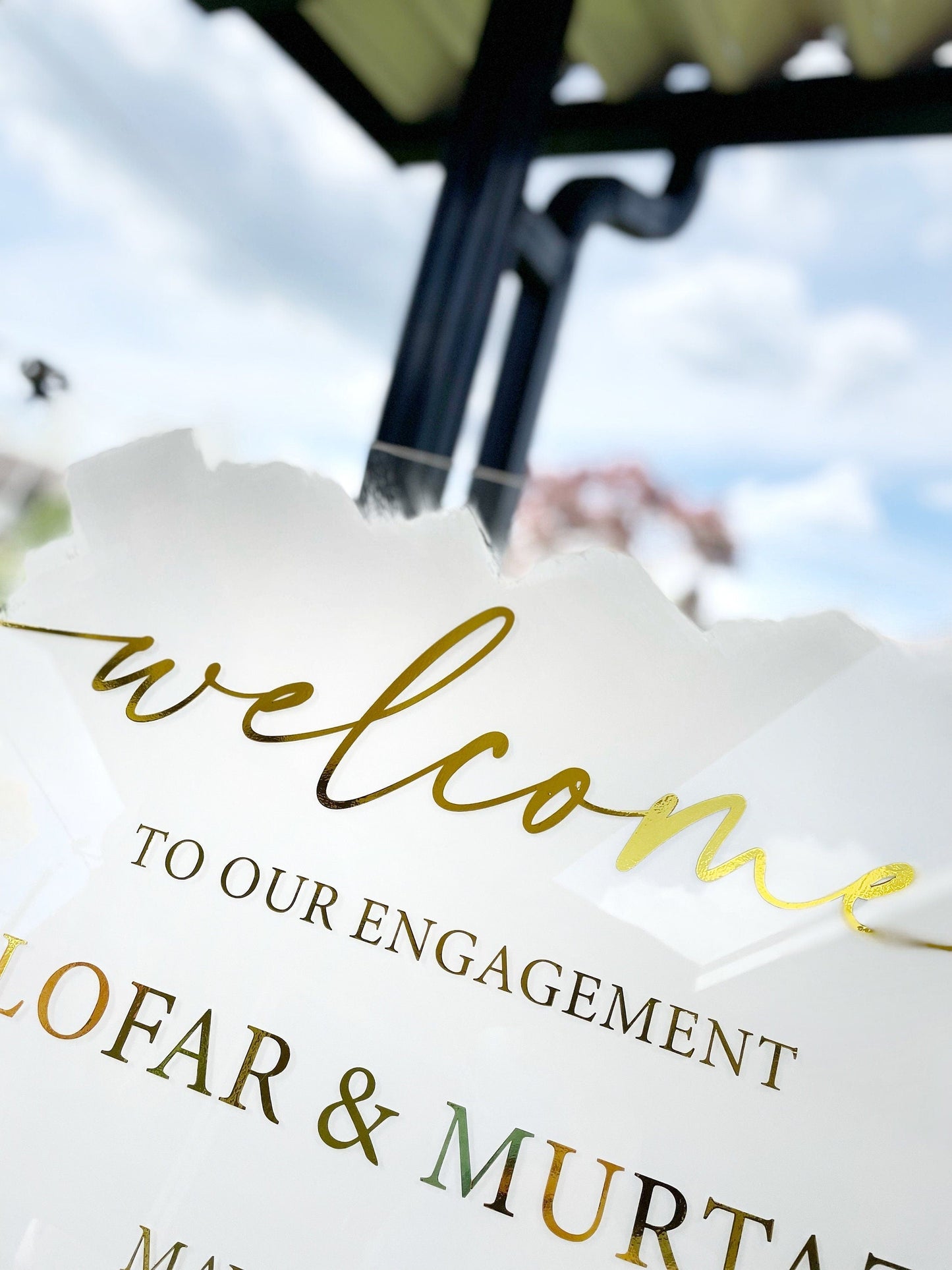 White & Gold Engagement Sign | Elegant Custom Acrylic Signage