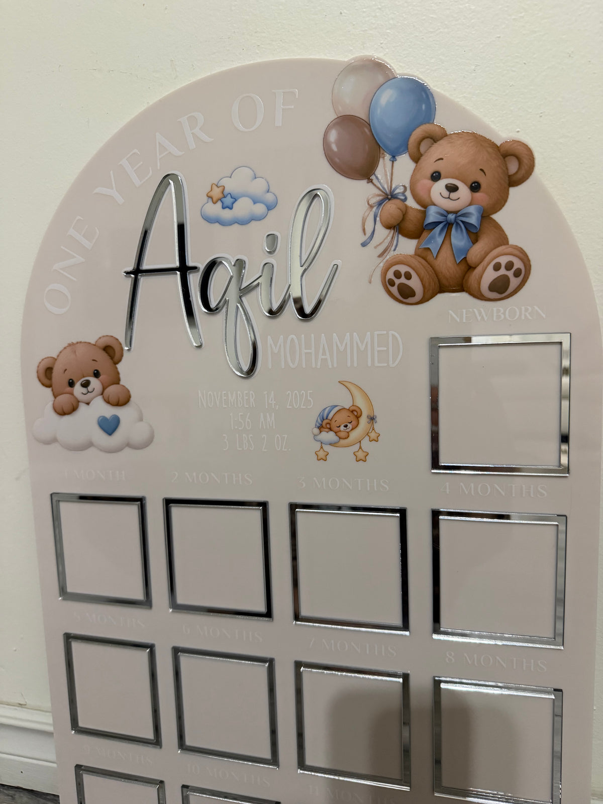 Personalized First Birthday Photo Milestone Sign | Teddy Bear Acrylic