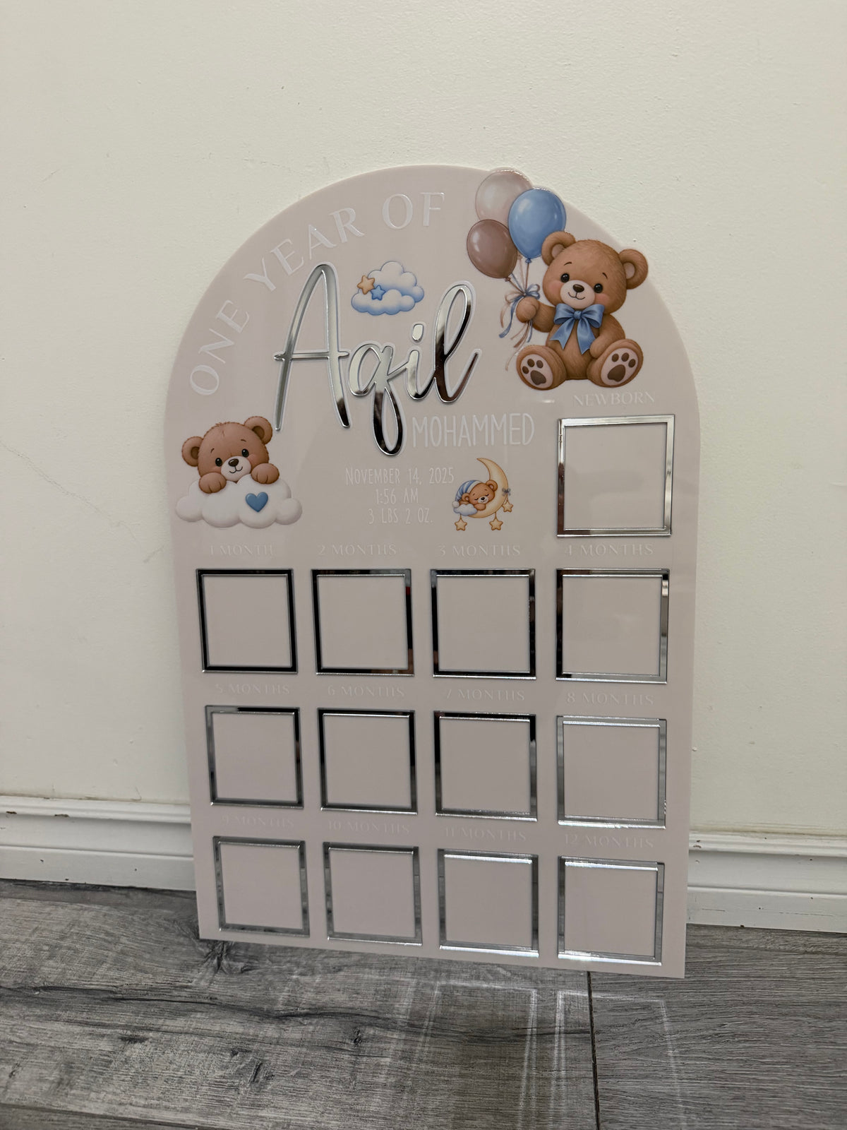 Personalized First Birthday Photo Milestone Sign | Teddy Bear Acrylic
