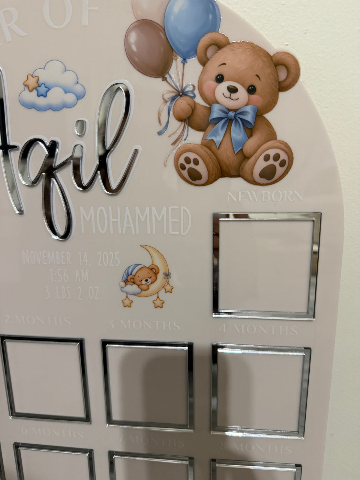 Personalized First Birthday Photo Milestone Sign | Teddy Bear Acrylic
