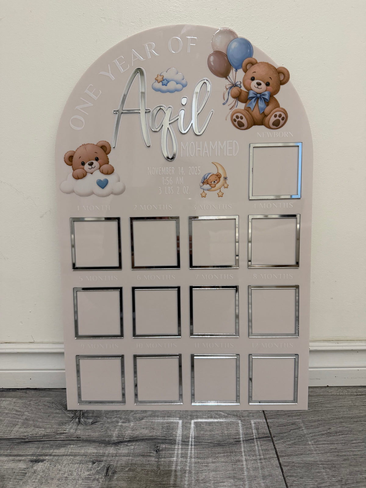 Personalized First Birthday Photo Milestone Sign | Teddy Bear Acrylic