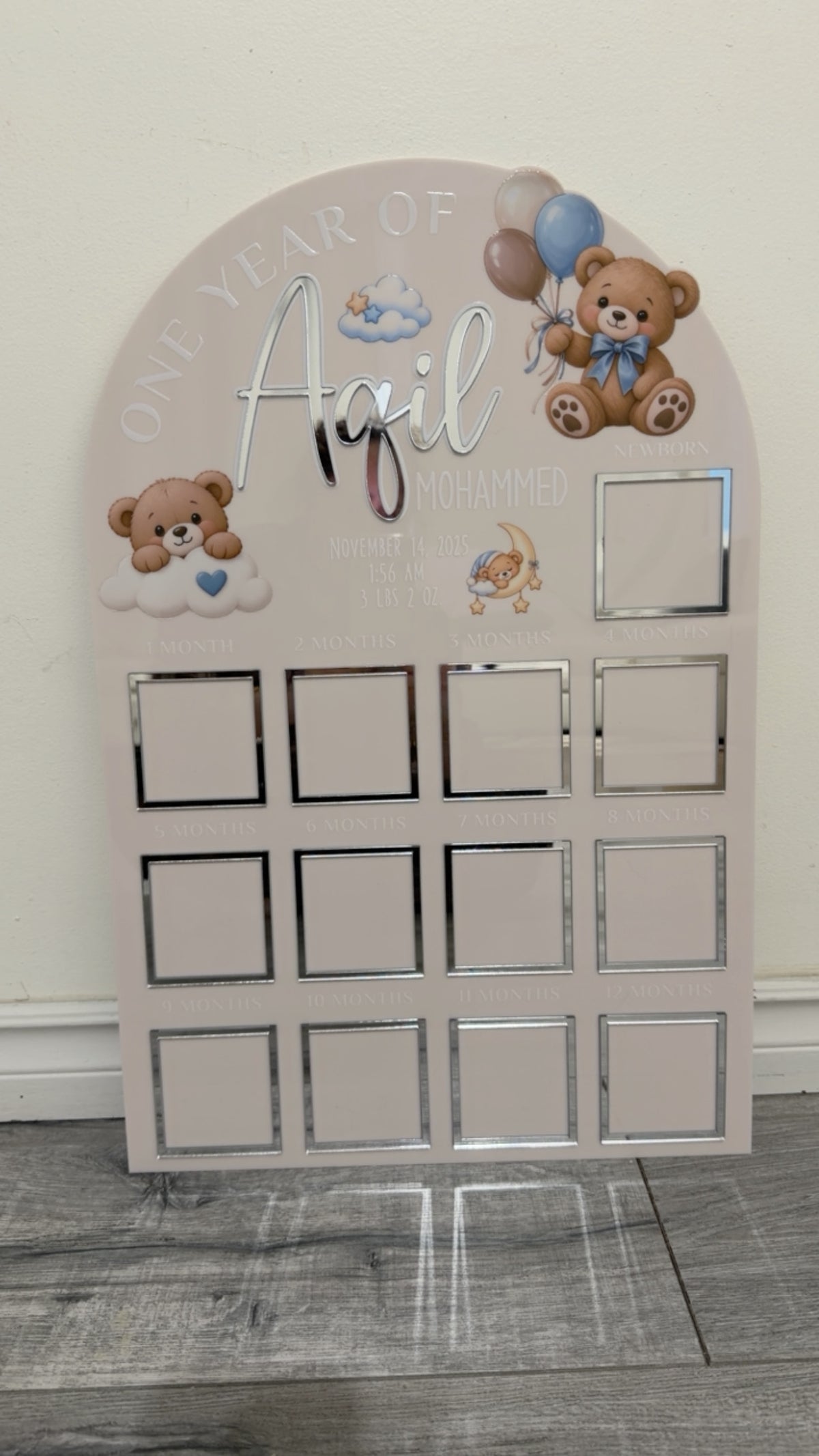 Personalized First Birthday Photo Milestone Sign | Teddy Bear Acrylic