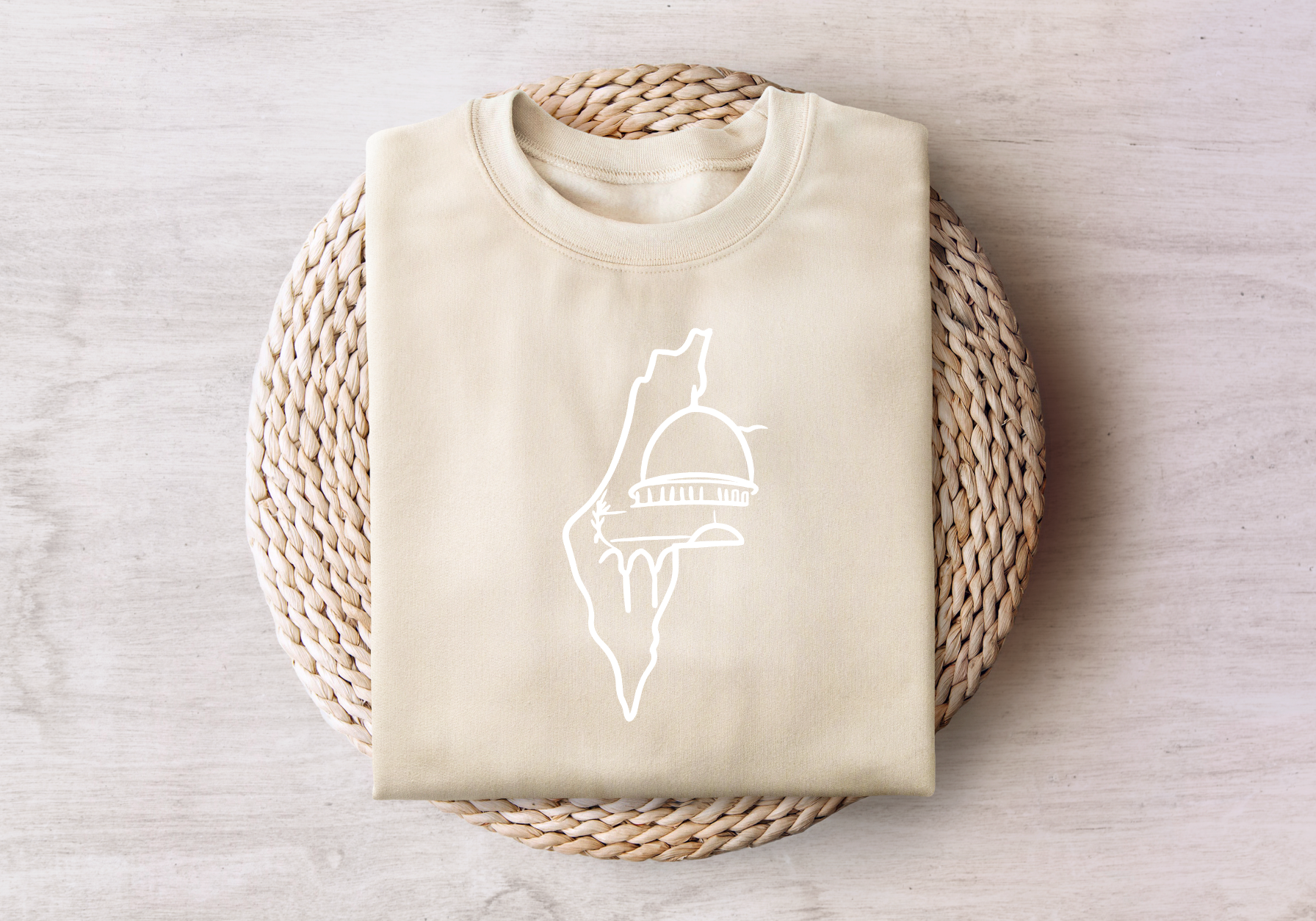 Palestine sweatshirt in sand color with embroidered map and dome design.