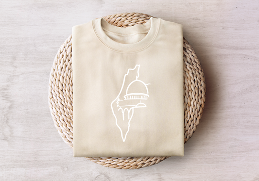 Palestine sweatshirt in sand color with embroidered map and dome design.