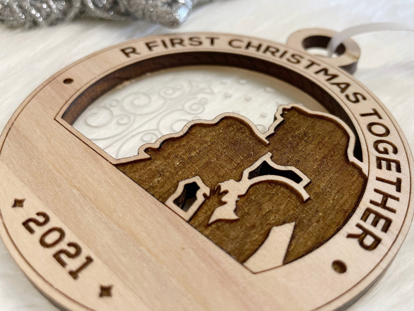 Our First Christmas Ornament 2021, Custom Engraved Wooden Ornament, First Christmas Together, 3D Ornament, Family 1st Holiday Ornament