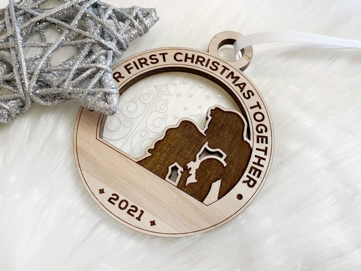 Our First Christmas Ornament 2021, Custom Engraved Wooden Ornament, First Christmas Together, 3D Ornament, Family 1st Holiday Ornament