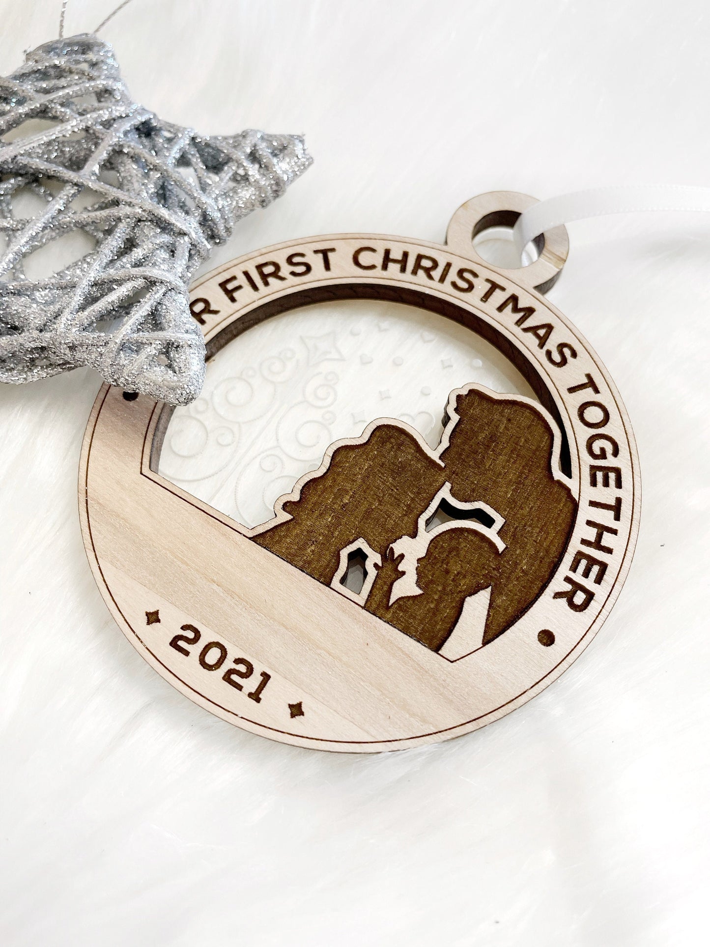 Our First Christmas Ornament 2021, Custom Engraved Wooden Ornament, First Christmas Together, 3D Ornament, Family 1st Holiday Ornament