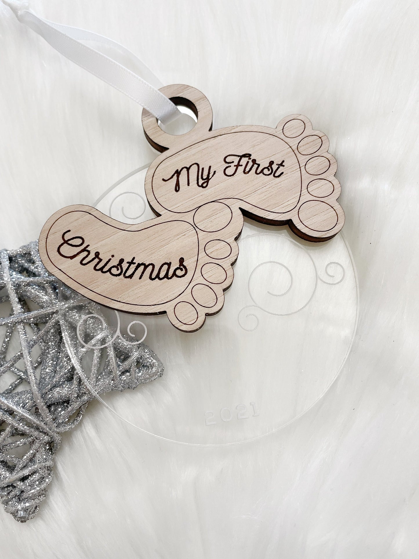 Baby's First Christmas Ornament 2021, Custom Engraved Wooden Ornament, First Christmas Together, 3D Ornament, Baby 1st Holiday Ornament