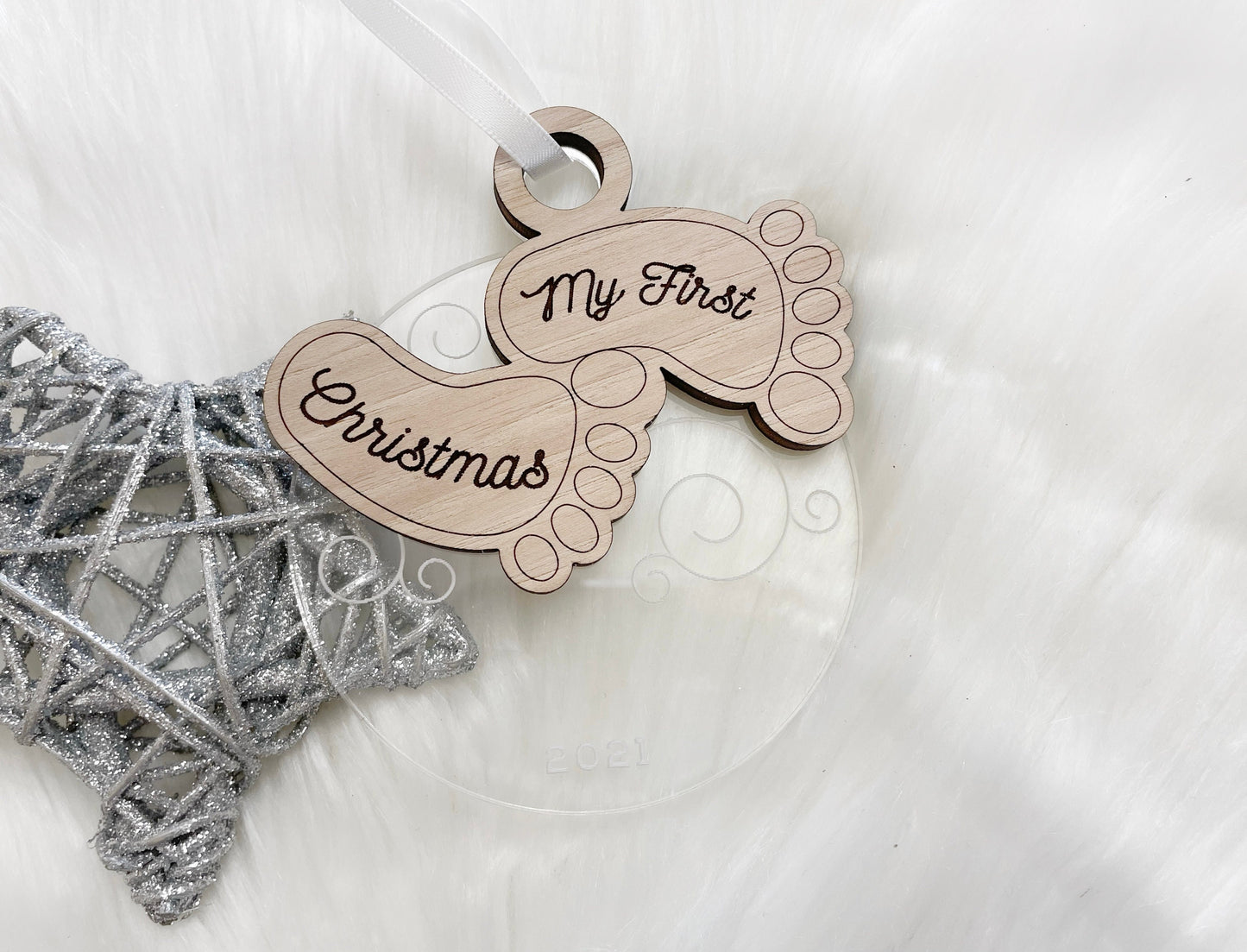 Baby's First Christmas Ornament 2021, Custom Engraved Wooden Ornament, First Christmas Together, 3D Ornament, Baby 1st Holiday Ornament