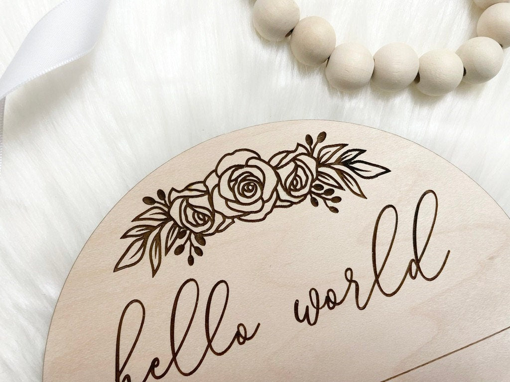 Floral Wooden Birth Announcement Plaque, Hello World Sign, Modern Birth Announcement, Welcome Babygirl Sign, Newborn Baby, Birth Stats