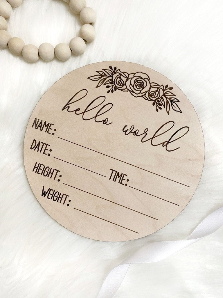 Floral Wooden Birth Announcement Plaque, Hello World Sign, Modern Birth Announcement, Welcome Babygirl Sign, Newborn Baby, Birth Stats