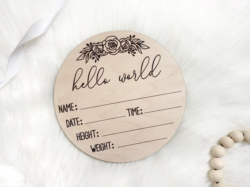 Floral Wooden Birth Announcement Plaque, Hello World Sign, Modern Birth Announcement, Welcome Babygirl Sign, Newborn Baby, Birth Stats