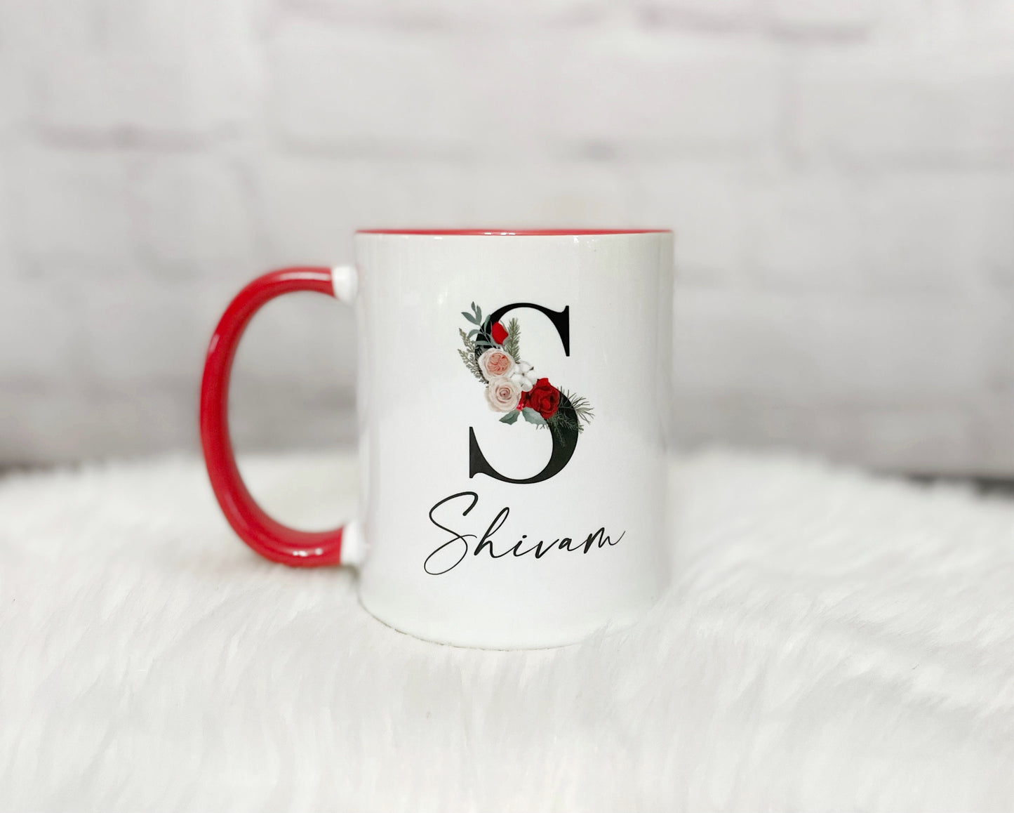 Custom Mug, Alphabet Letter Mug, Floral Mug for Her, Heart-Handle Mug, Two-Toned Coloured Mug, Mother's Day Gifts, Birthday Gift, Bridal