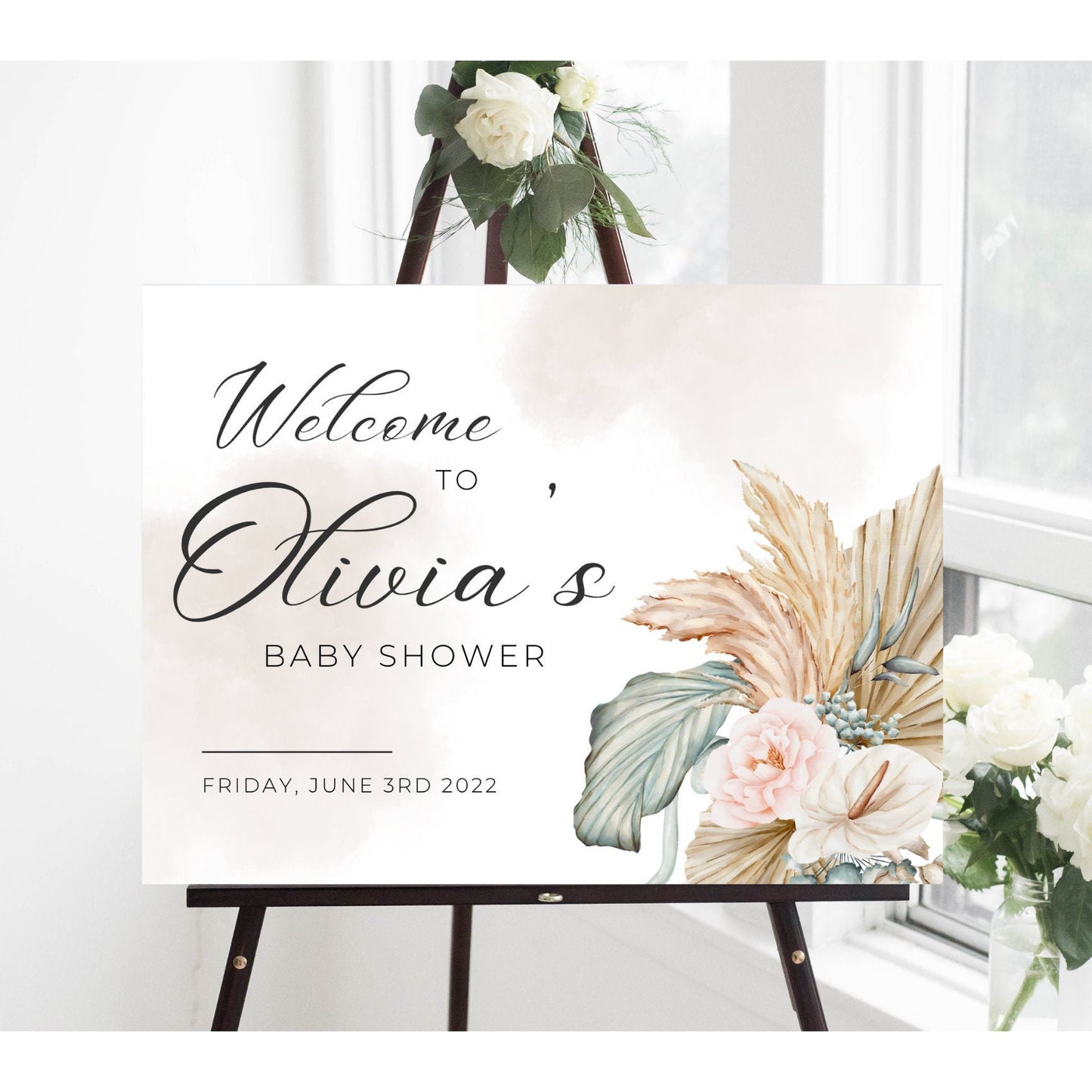 Neutral Bohemian Baby Shower Sign, Soft Minimalist Florals Baby Shower, Printable Baby Shower Sign, Bridal Shower Editable Canva Download