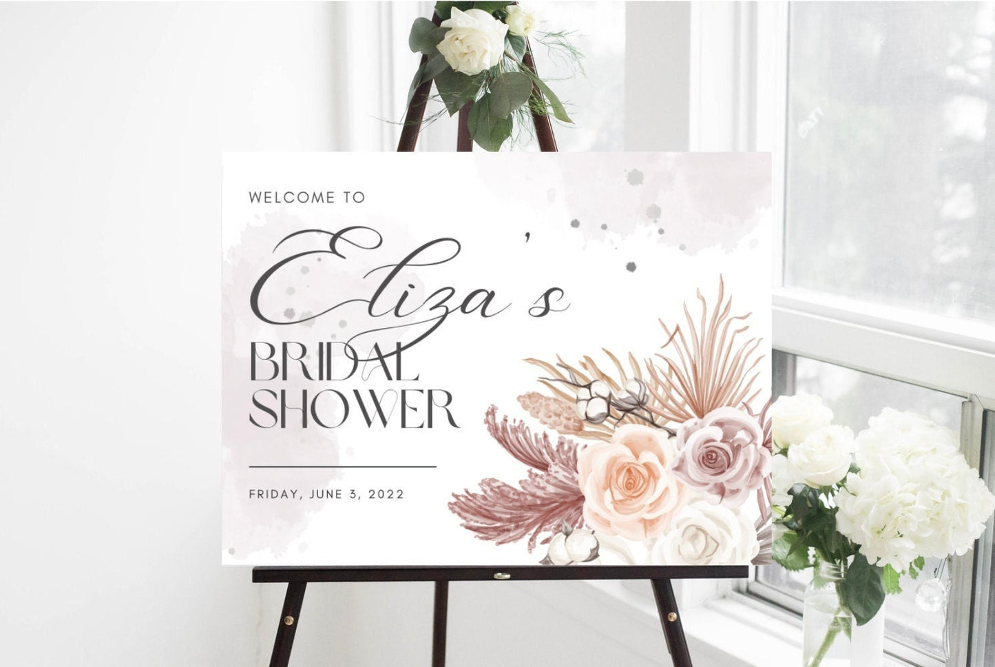 Dusty Pink Bridal Shower Sign, Pink Florals Bridal Shower Sign, Printable Event Welcome Sign, Bridal Shower Editable Sign Canva Download