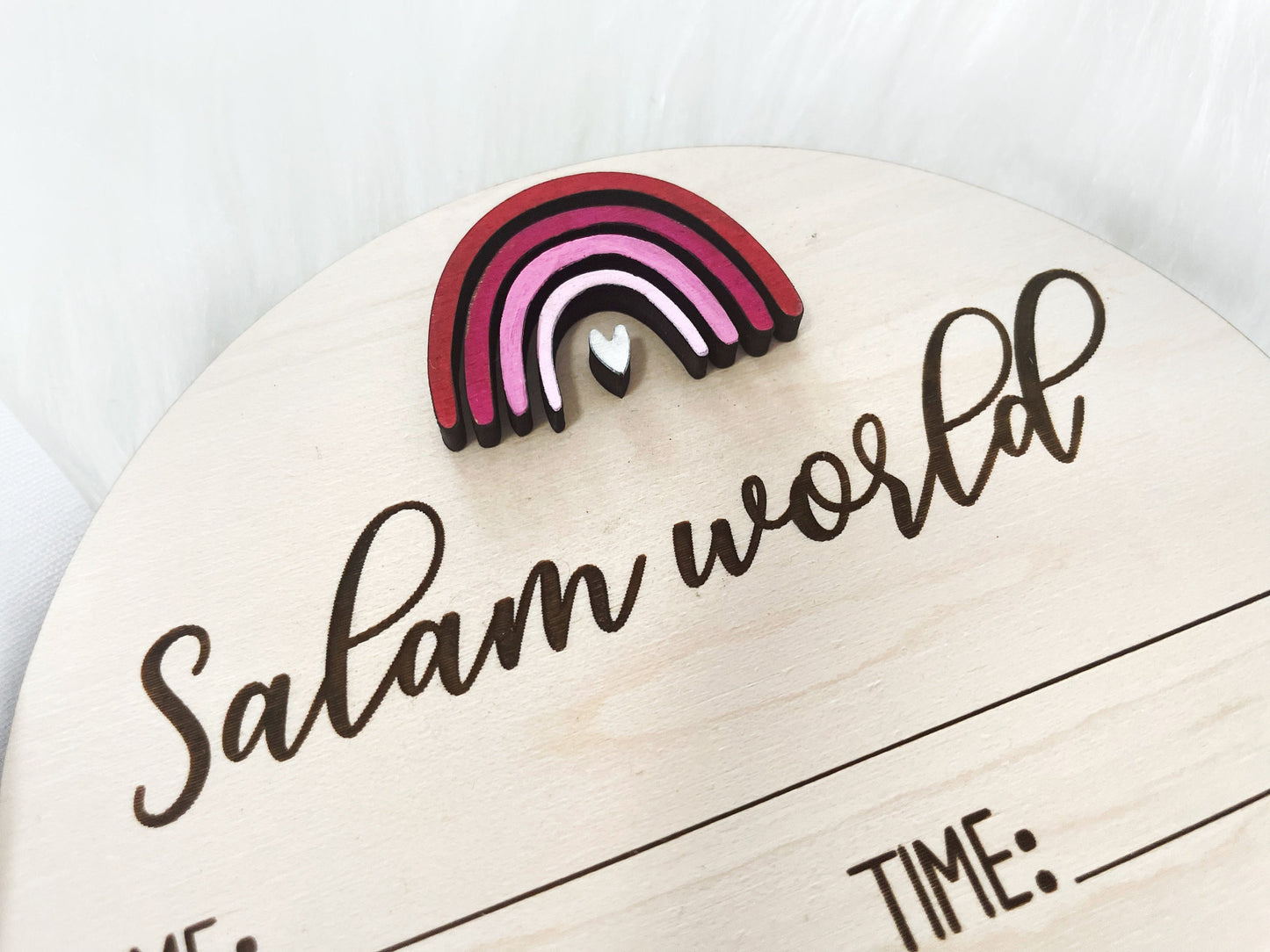 Salaam World Birth Announcement Plaque, Rainbow Hello World, Modern Wooden Birth Announcement, Welcome Baby Sign, Newborn Baby, Birth Stats