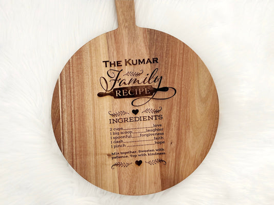 Personalized Acacia Round Paddle Board, Family Recipe Cutting Board, Mother's Day Gift, Gift for Her, Kitchen Decor, Engraved Board