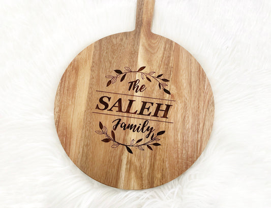 Personalized Acacia Round Paddle Board, Family Name Cutting Board, Mother's Day Gift, Gift for Her, Kitchen Decor, Engraved Board