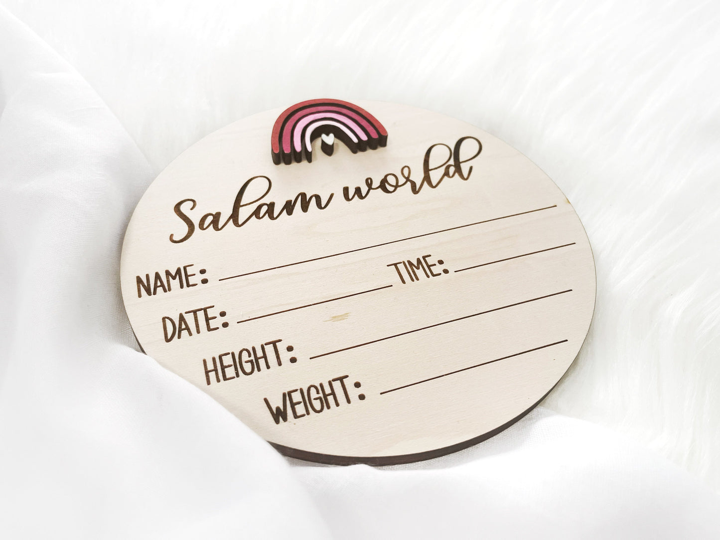 Salaam World Birth Announcement Plaque, Rainbow Hello World, Modern Wooden Birth Announcement, Welcome Baby Sign, Newborn Baby, Birth Stats