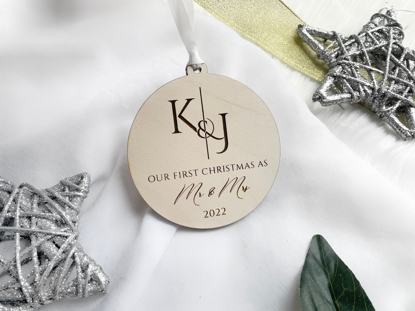 Mr & Mrs Christmas Ornament, Our First Christmas Wooden Ornament, Custom Wooden Ornament for Newlyweds, First Christmas Together 2022