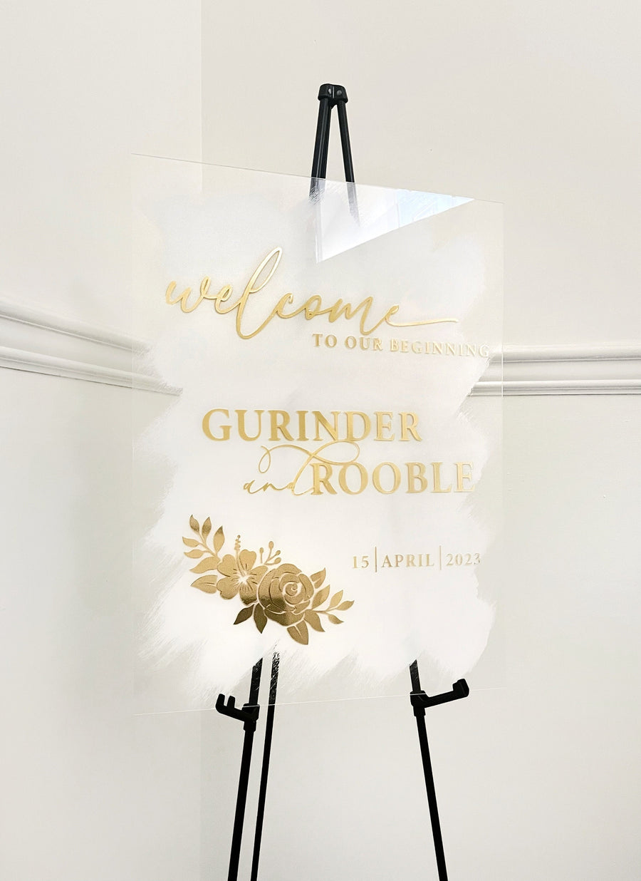 Acrylic Wedding Welcome Sign, Entrance Decor Sign, White & Gold Wedding, Welcome to our Beginning, Modern Wedding Sign, Custom Acrylic Sign