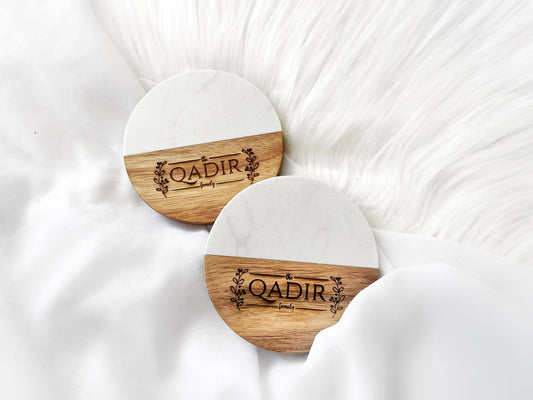 Custom Engraved Wooden and Marble Coasters, Personalized Marble Coasters, Wooden and Marble Coasters Set, Housewarming Gifts, Kitchen Decor