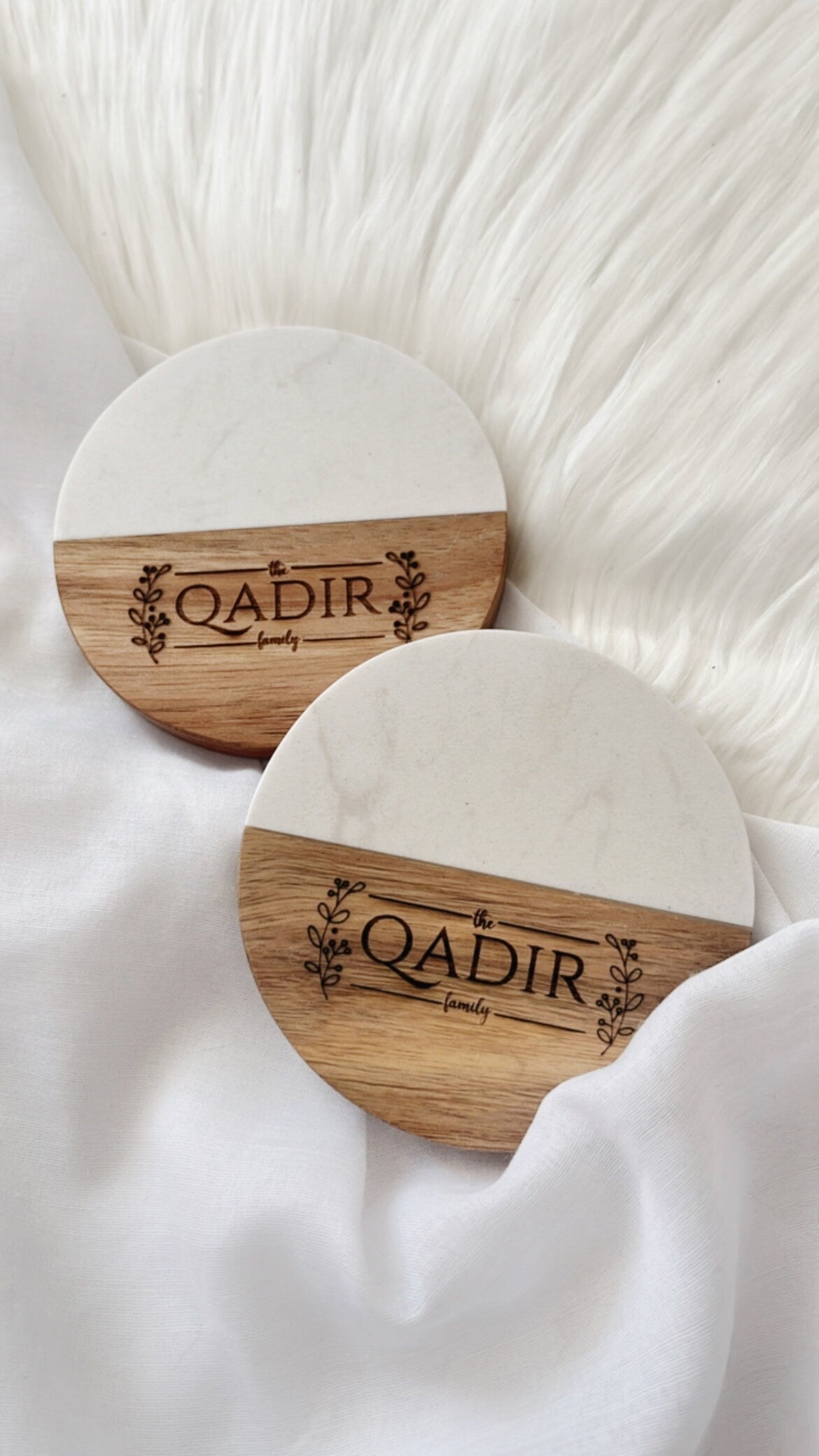 Custom Engraved Wooden and Marble Coasters, Personalized Marble Coasters, Wooden and Marble Coasters Set, Housewarming Gifts, Kitchen Decor