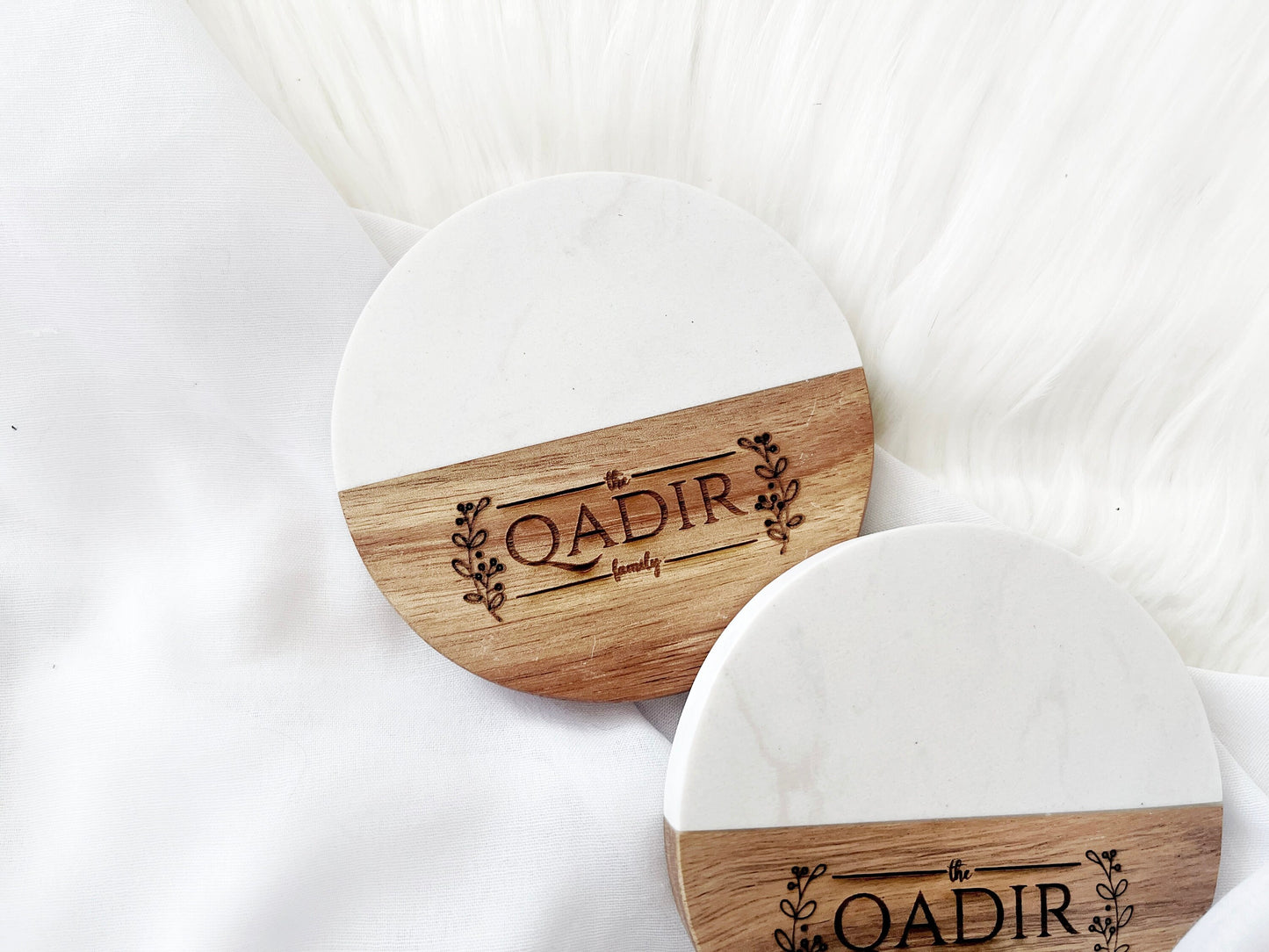 Custom Engraved Wooden and Marble Coasters, Personalized Marble Coasters, Wooden and Marble Coasters Set, Housewarming Gifts, Kitchen Decor