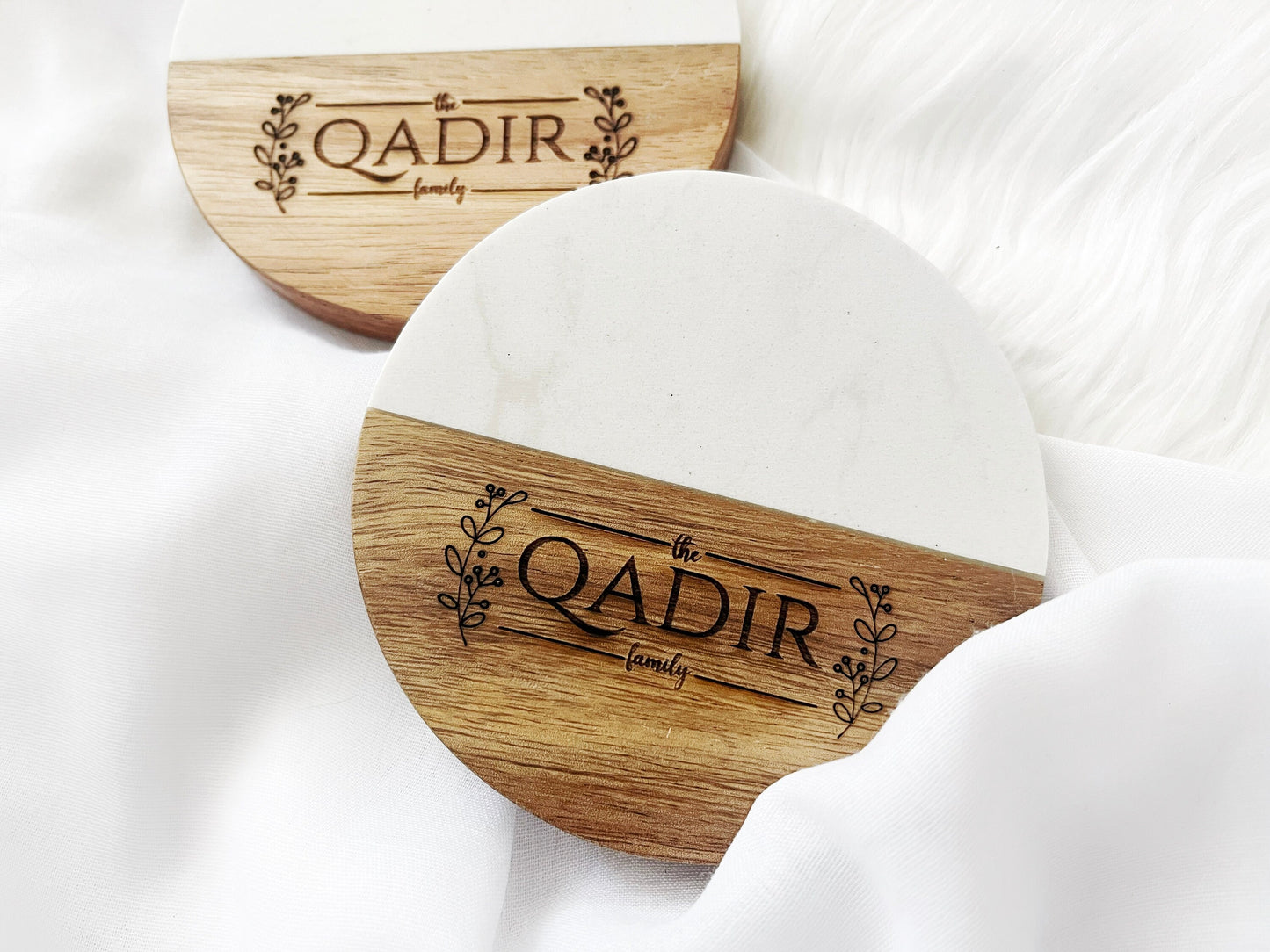 Custom Engraved Wooden and Marble Coasters, Personalized Marble Coasters, Wooden and Marble Coasters Set, Housewarming Gifts, Kitchen Decor