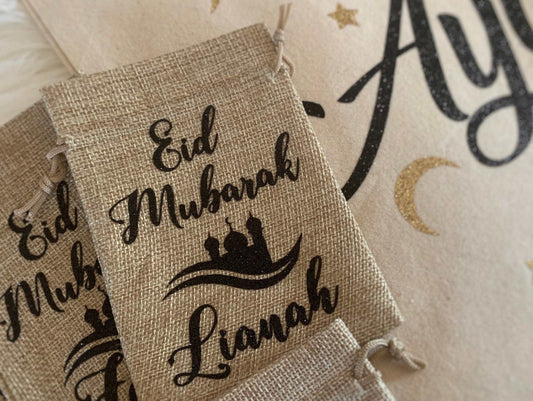 Mini "Eid Mubarak" Burlap Pouches