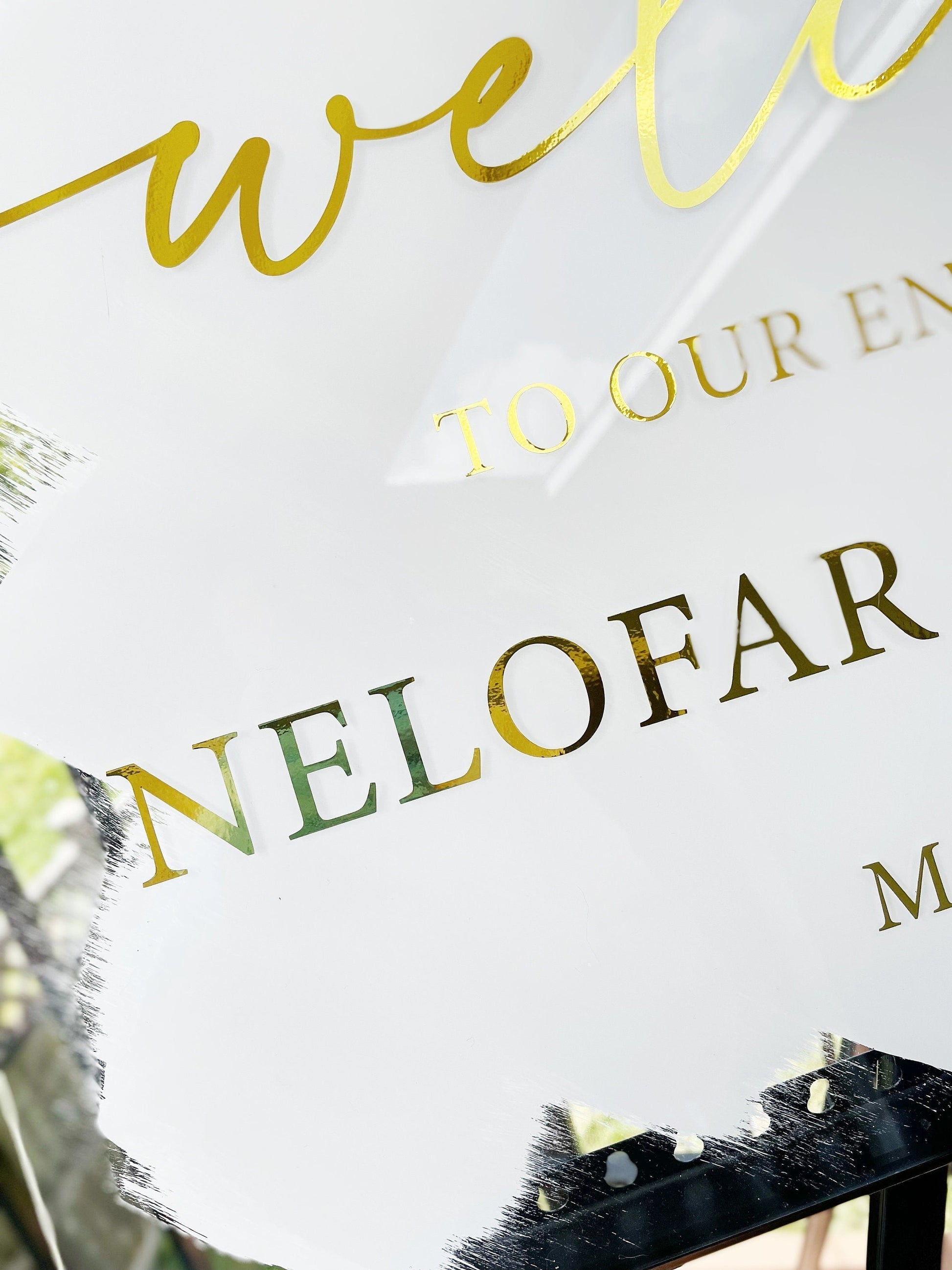 White & Gold Engagement Sign | Elegant Custom Acrylic Signage