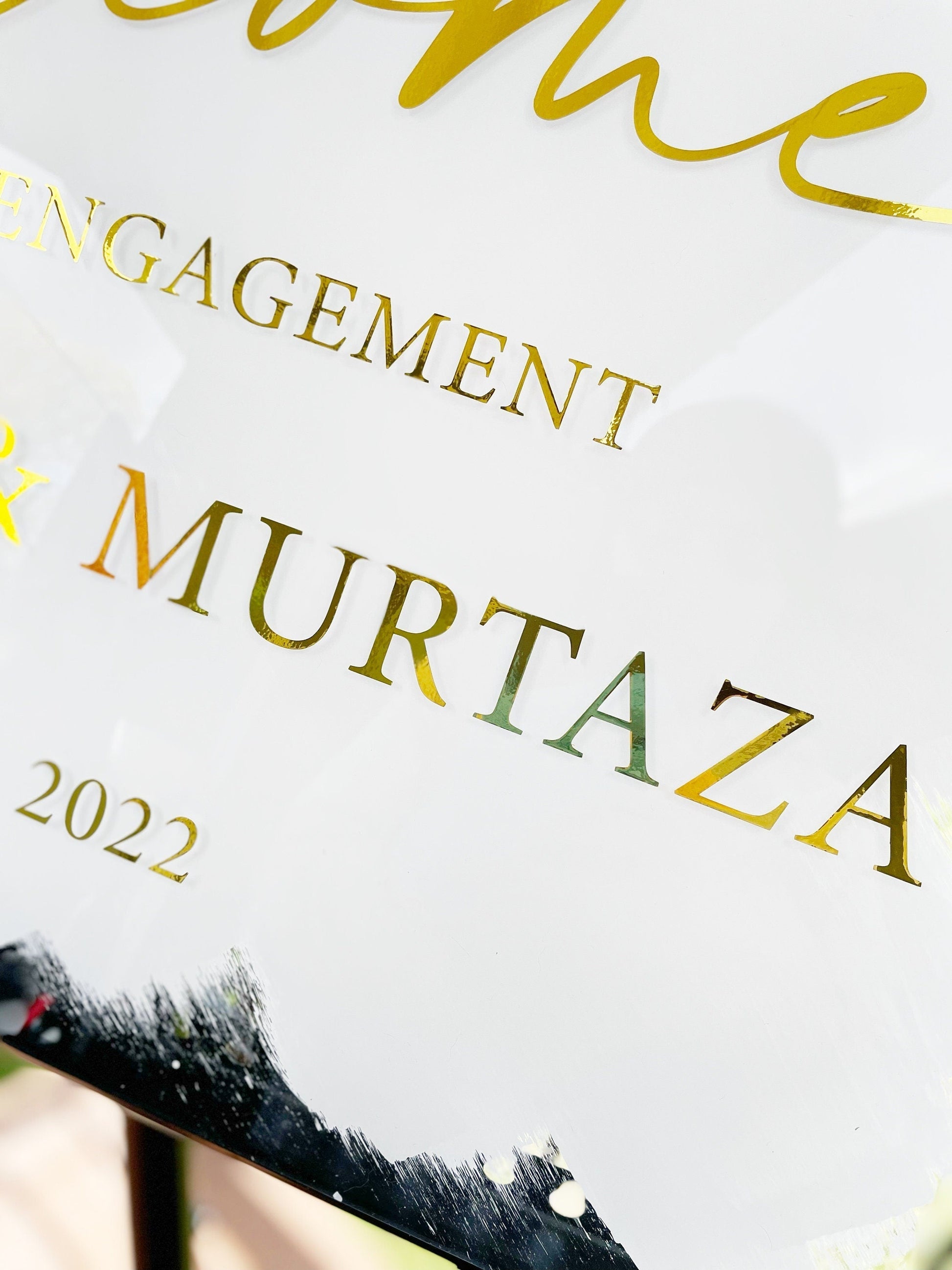 White & Gold Engagement Sign | Elegant Custom Acrylic Signage