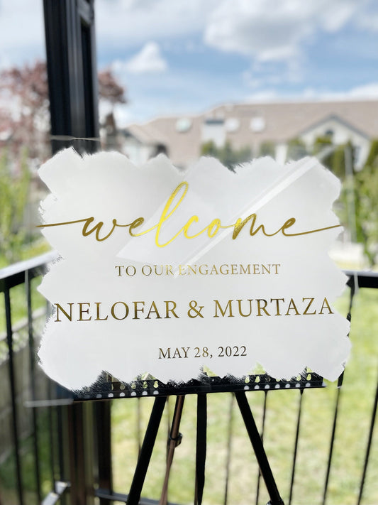 White & Gold Engagement Sign | Elegant Custom Acrylic Signage