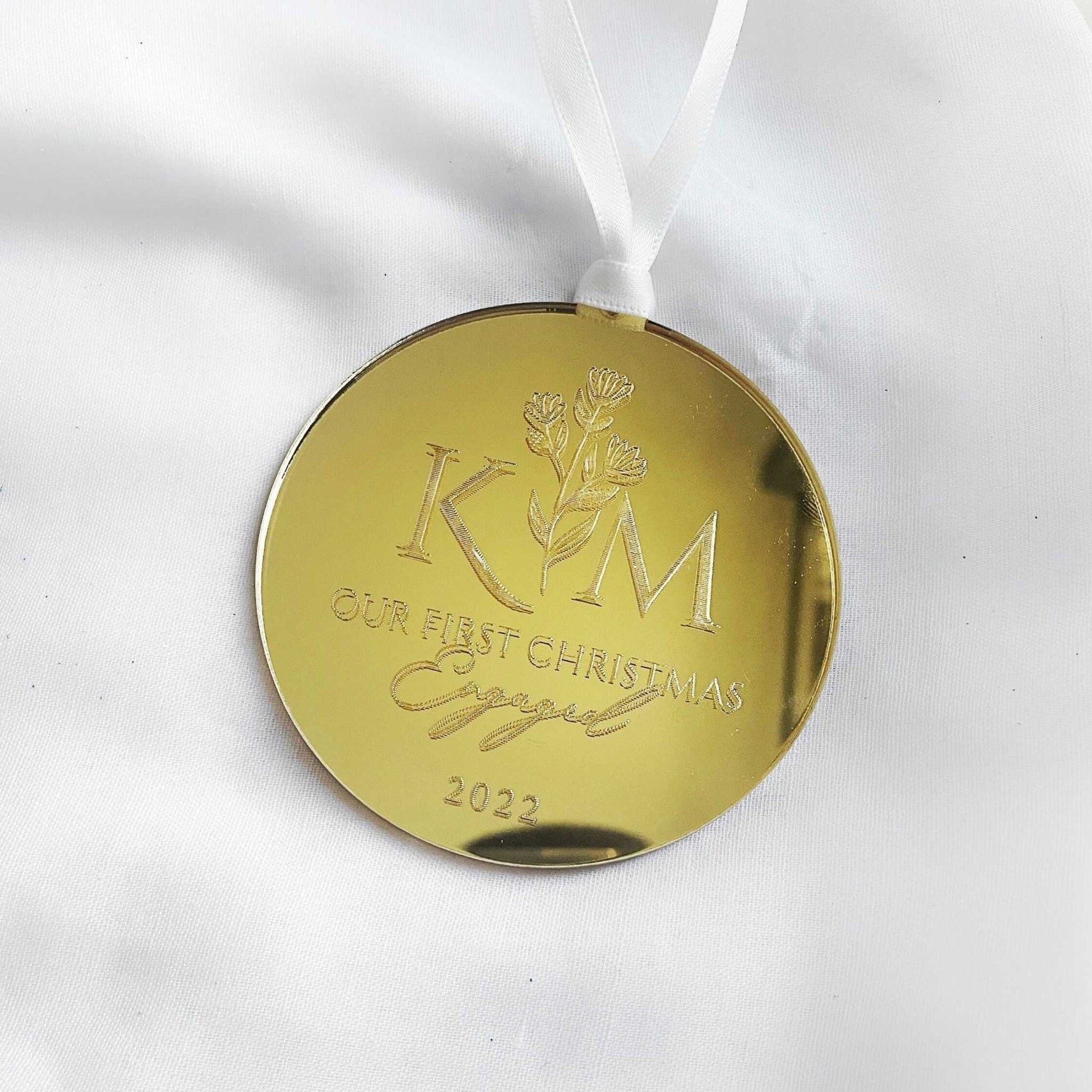 First Christmas Engaged Gold Mirror - Personalized Ornament Gift