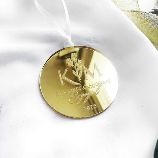 First Christmas Engaged Gold Mirror - Personalized Ornament Gift